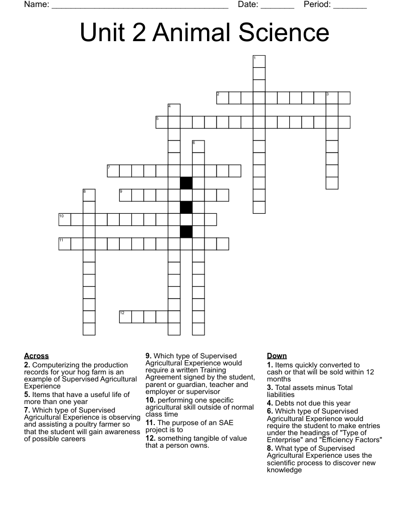 Unit 2 Animal Science Crossword WordMint