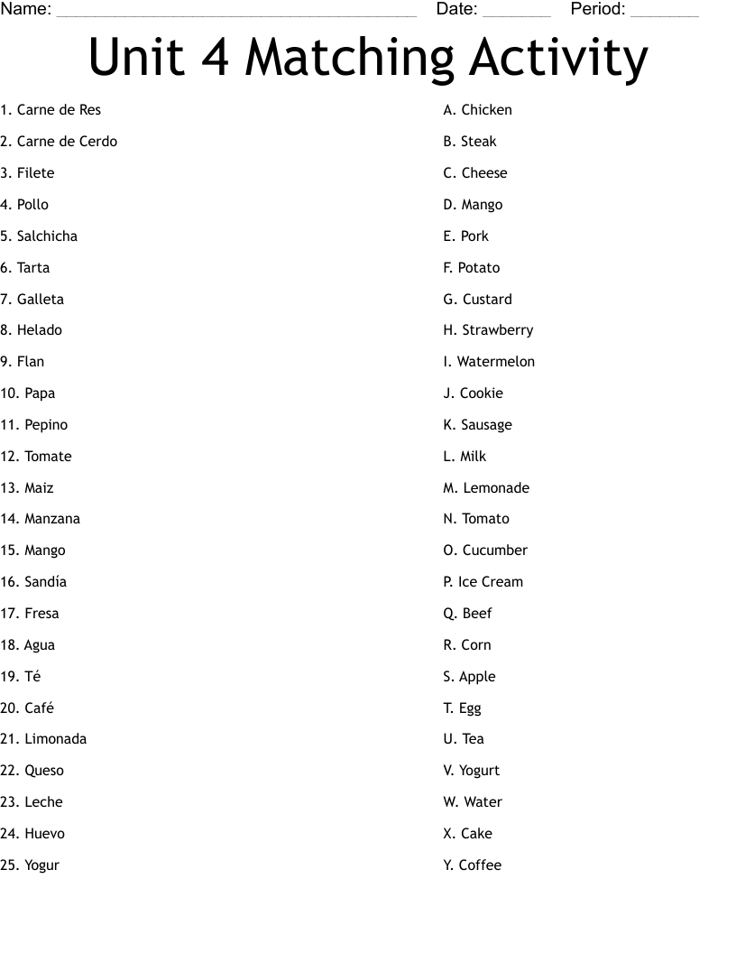 Unit 4 Matching Activity Worksheet WordMint