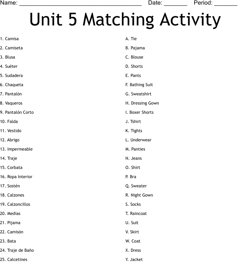 unit 5 matching activity worksheet wordmint