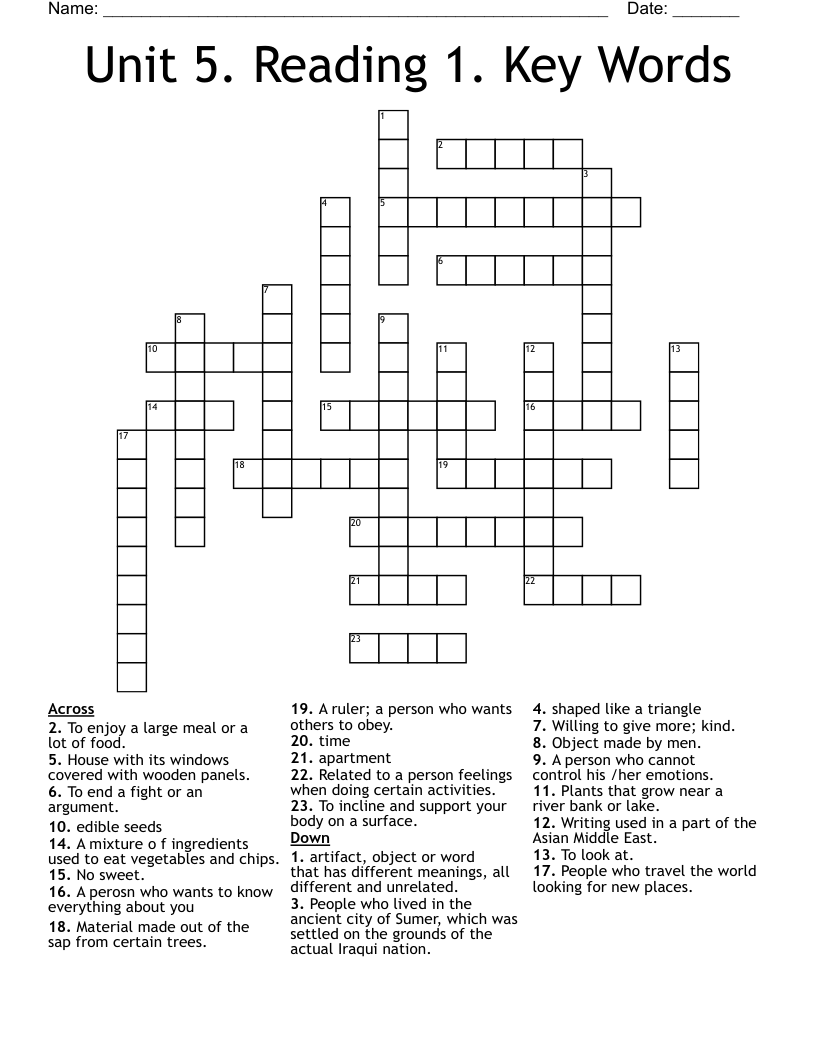 Unit 5. Reading 1. Key Words Crossword