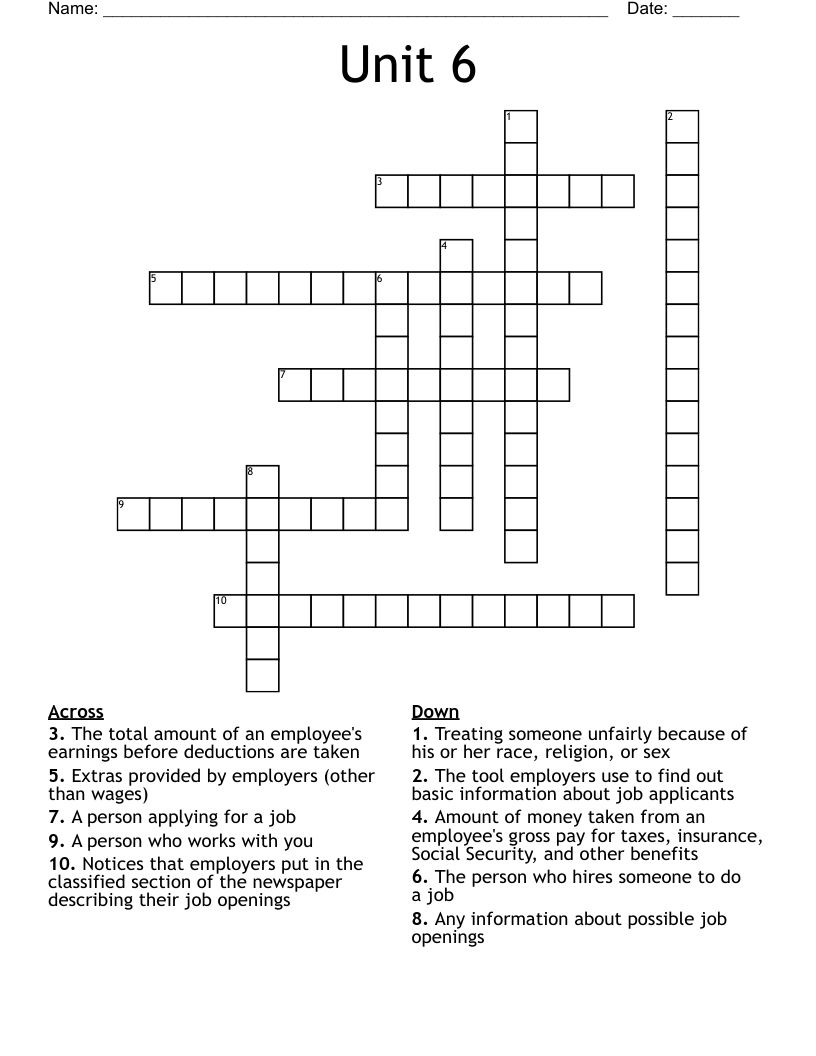 Unit 6 Crossword WordMint