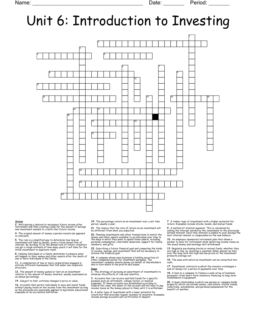 Unit 6: Introduction to Investing Crossword