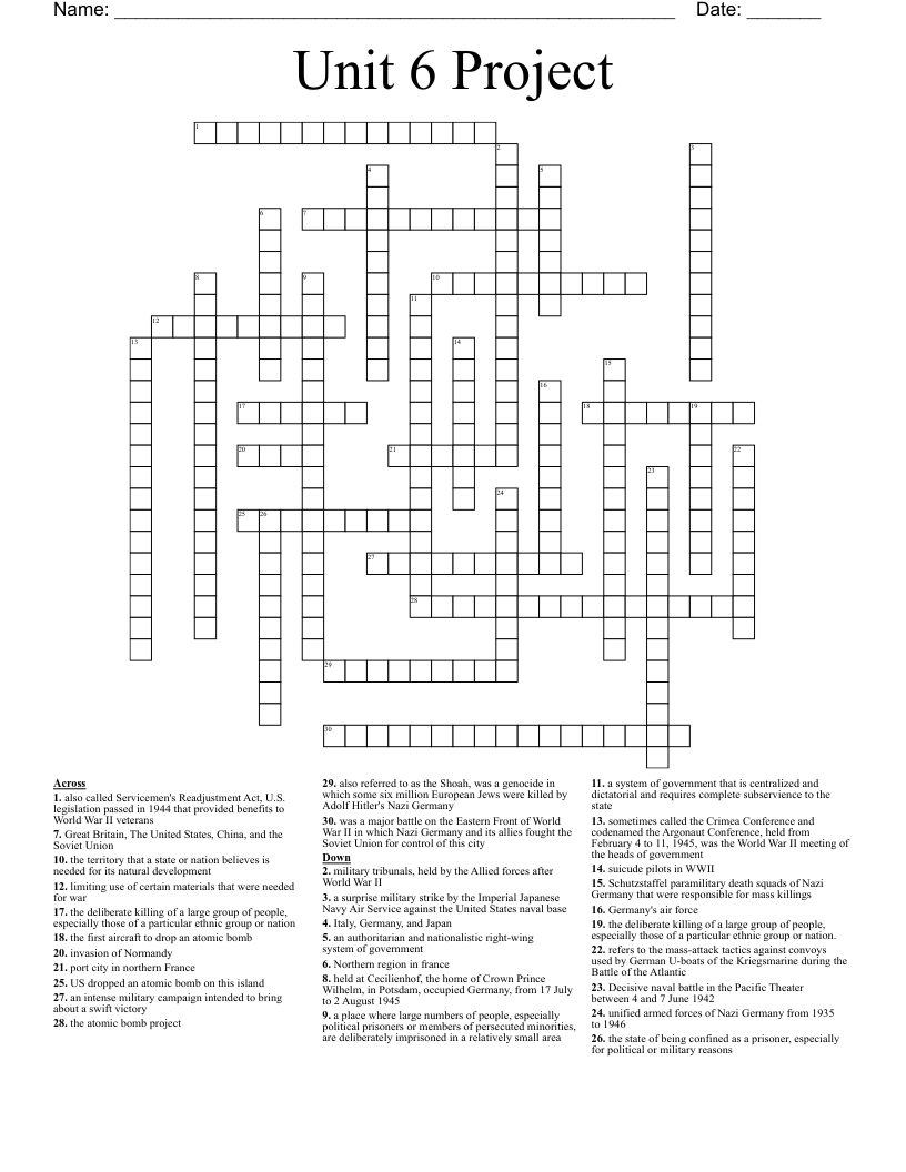 Unit 6 Project Crossword