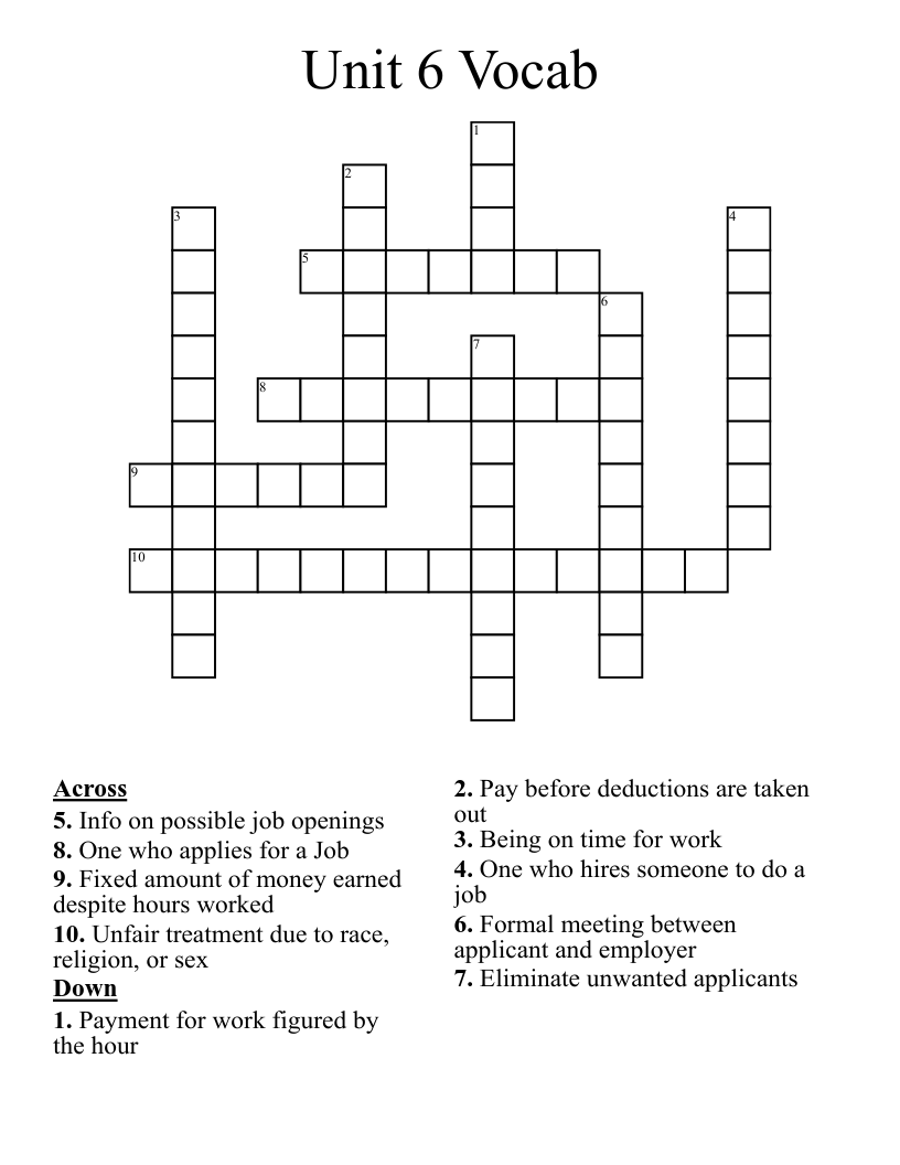 Unit 6 Vocab Crossword WordMint
