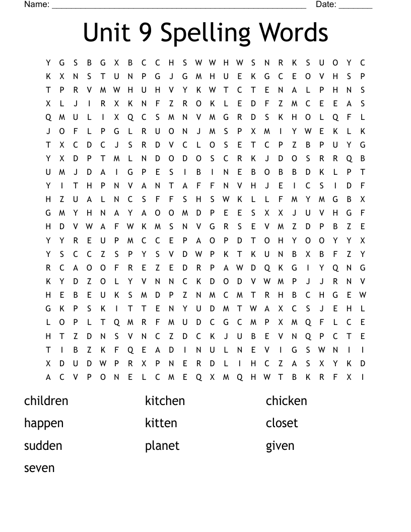Unit 9 Spelling Words Word Search