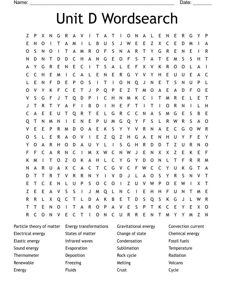 Unit D Wordsearch