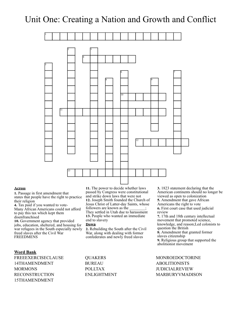 Unit One: Creating a Nation and Growth and Conflict Crossword