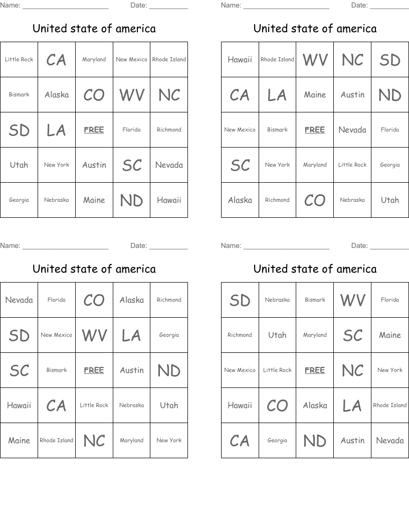 United state of america Bingo Cards
