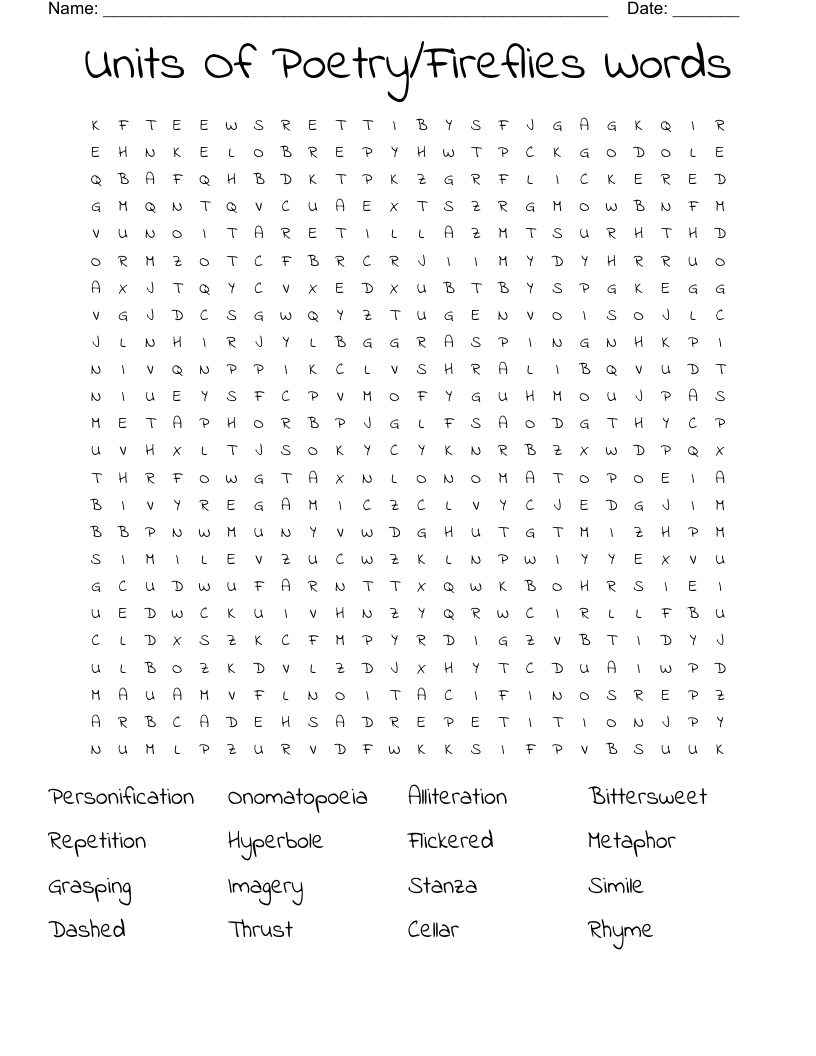 Units Of Poetry/Fireflies Words Word Search