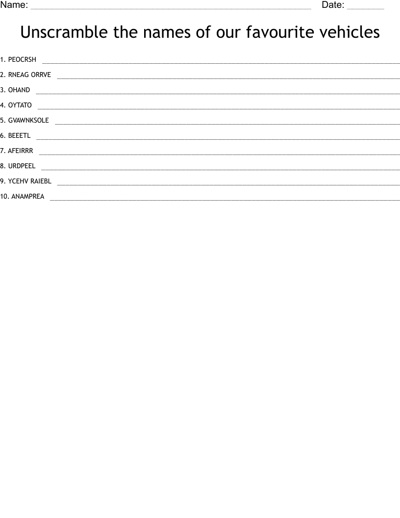 Unscramble the names of our favourite vehicles