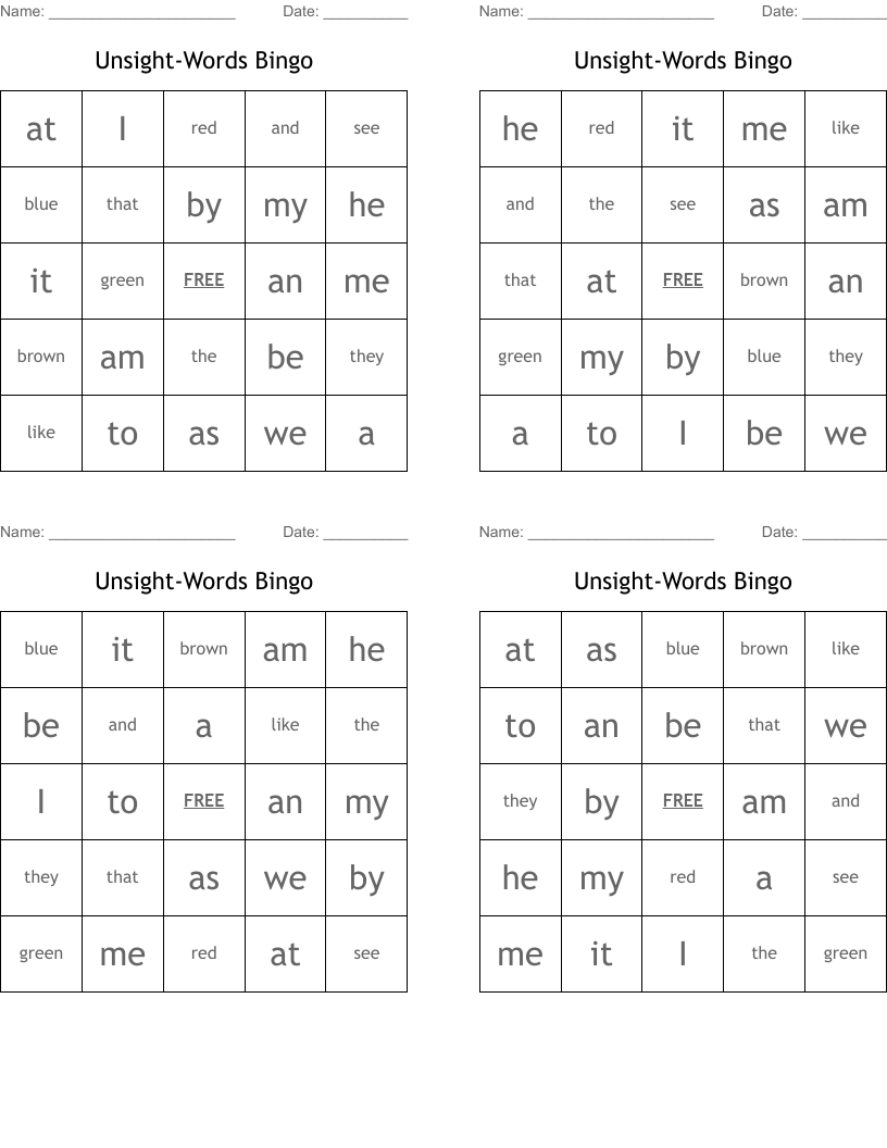 Unsight-Words Bingo
