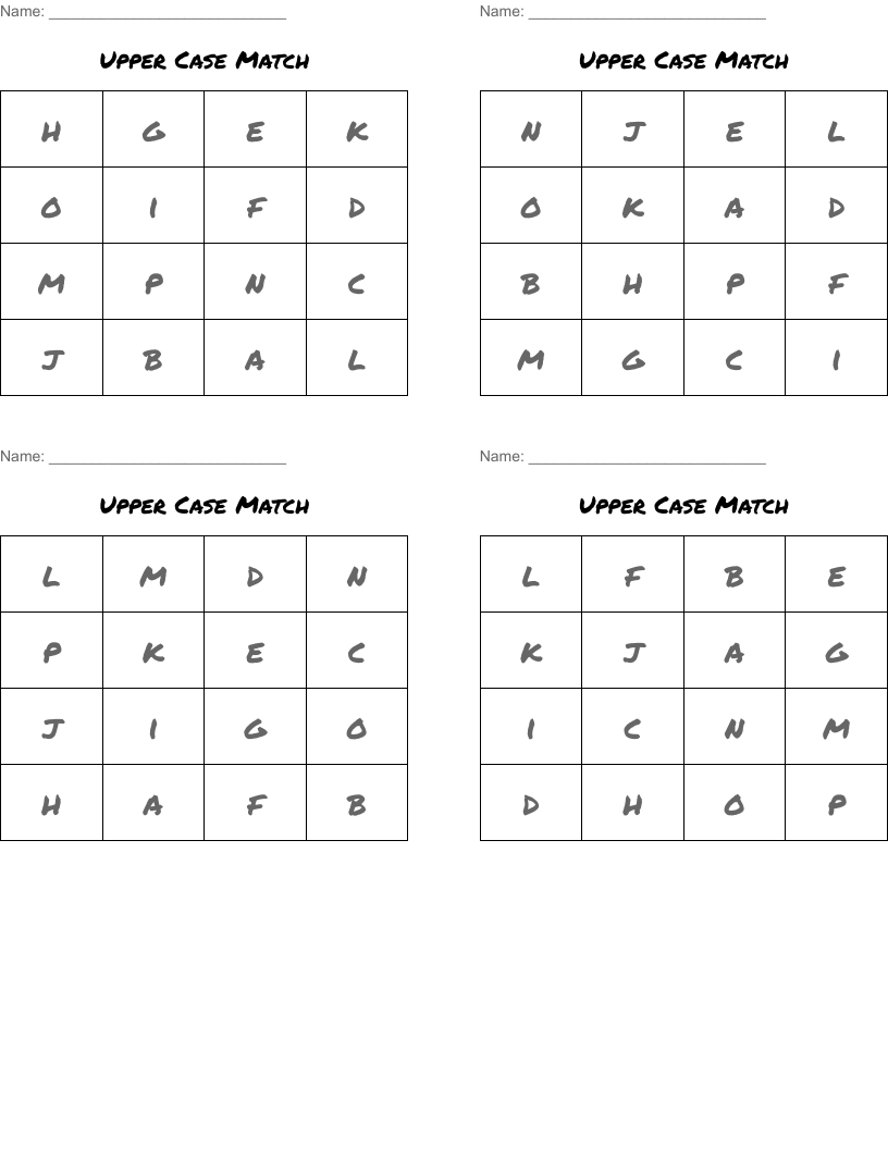 Upper Case Match Bingo Cards