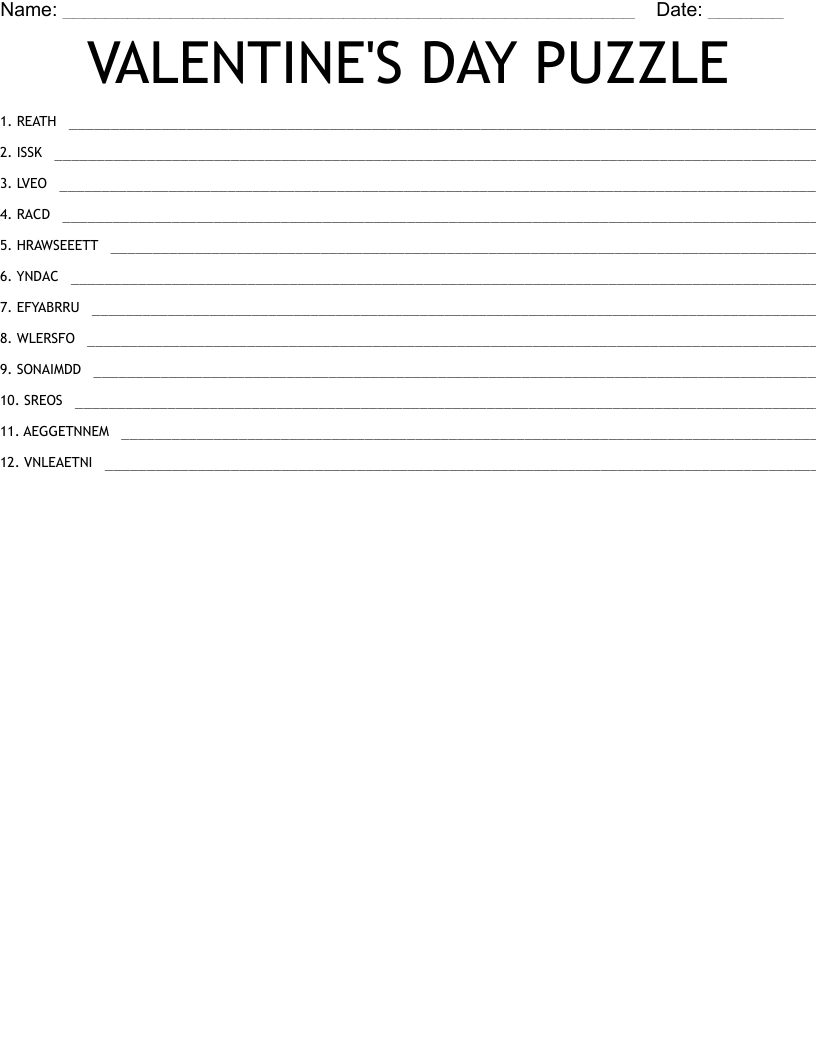 VALENTINE'S DAY PUZZLE Word Scramble