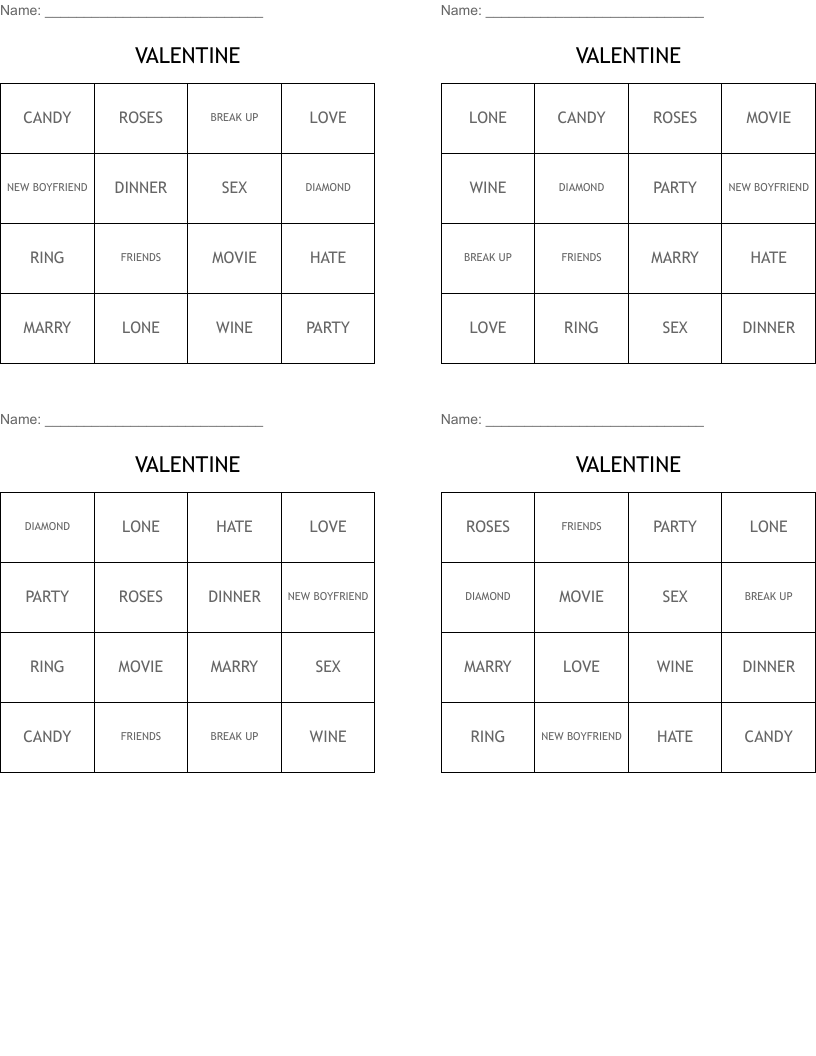 VALENTINE Bingo Cards