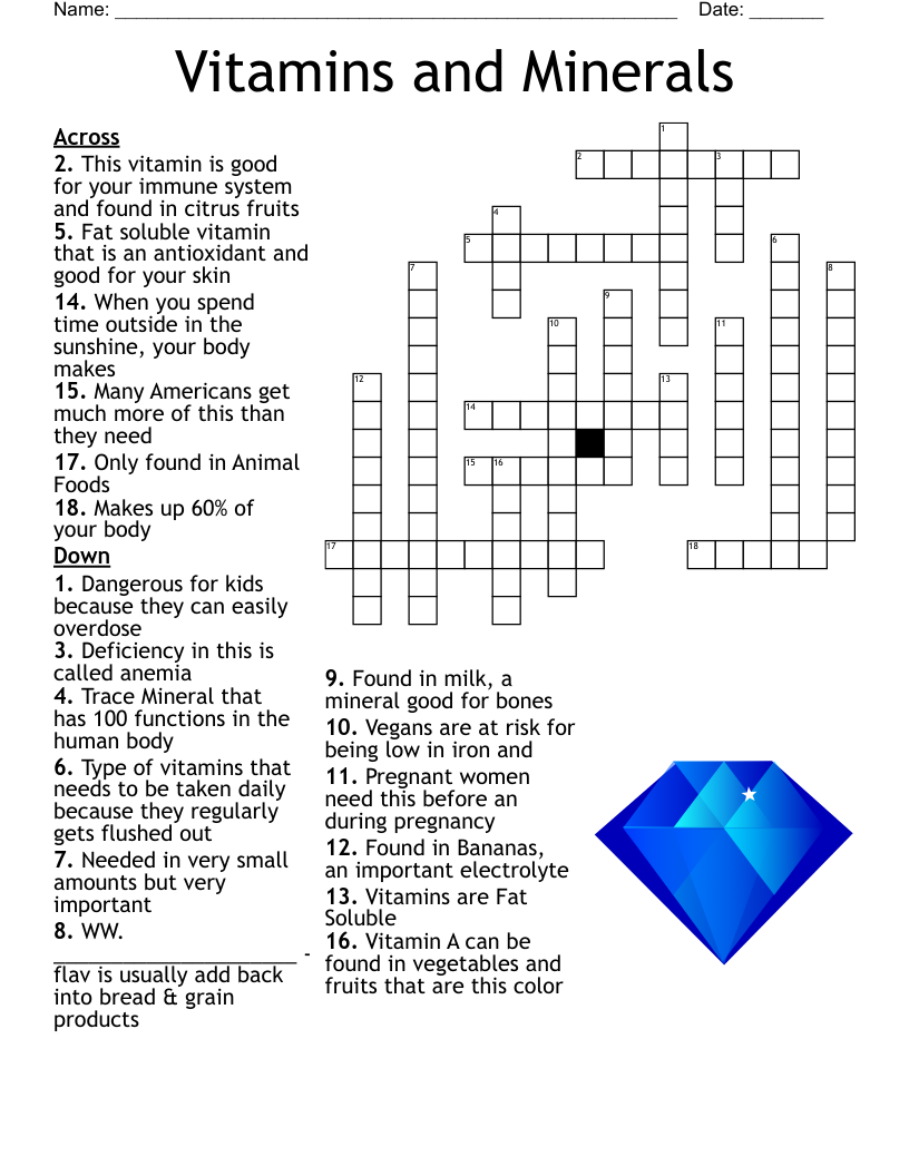 VITAMINS AND MINERALS Crossword WordMint