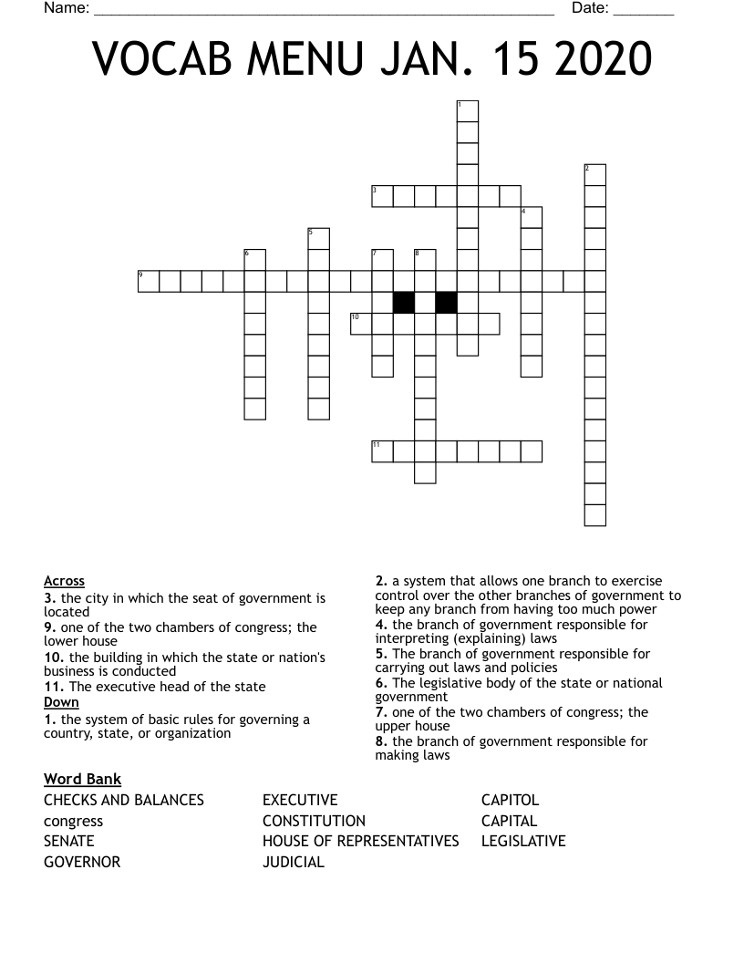 VOCAB MENU JAN. 15 2020 Crossword