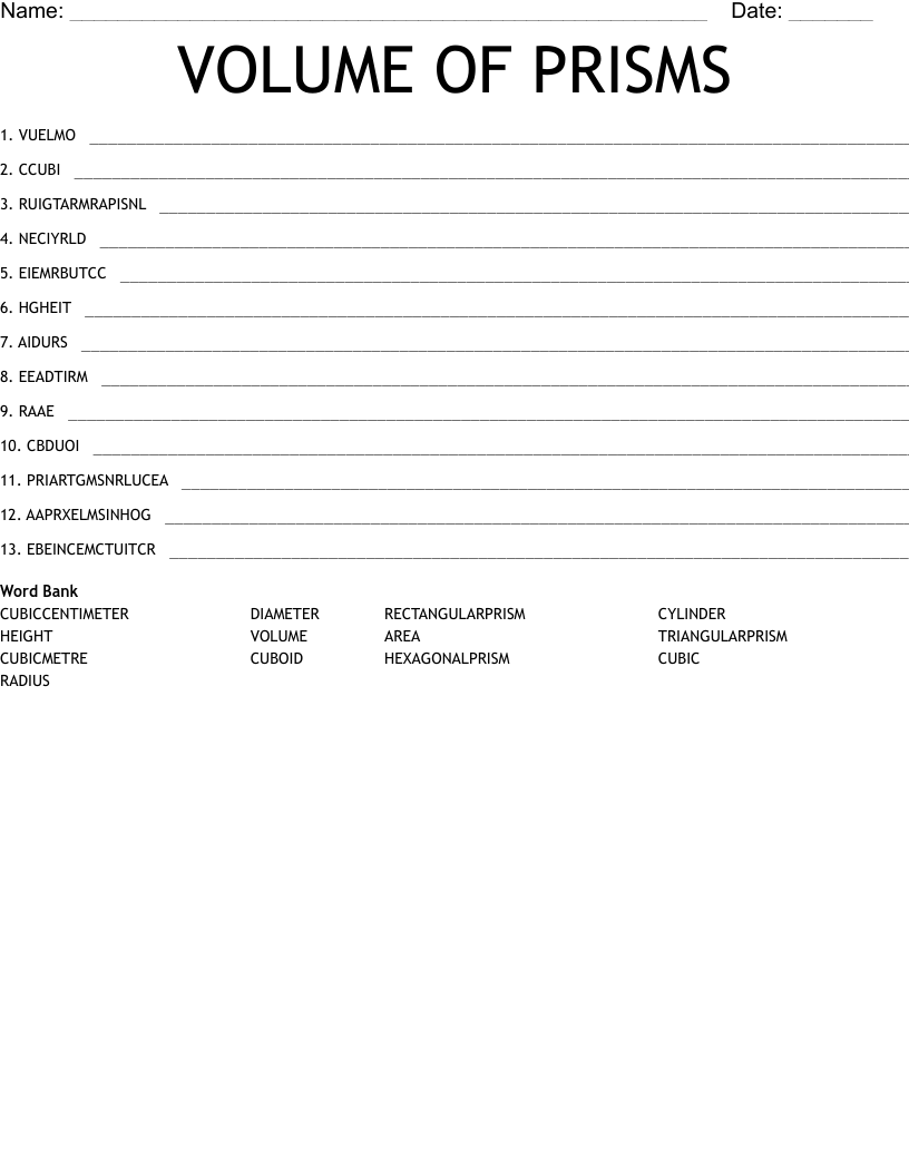 VOLUME OF PRISMS Word Scramble
