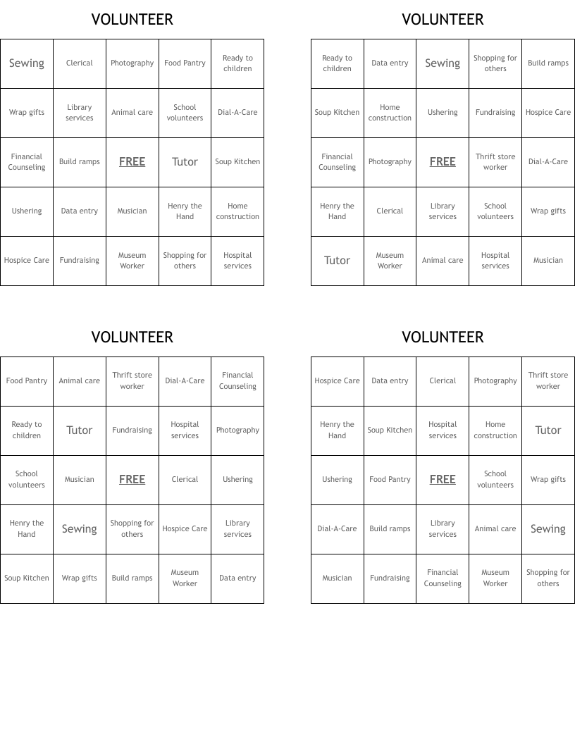 VOLUNTEER Bingo Cards