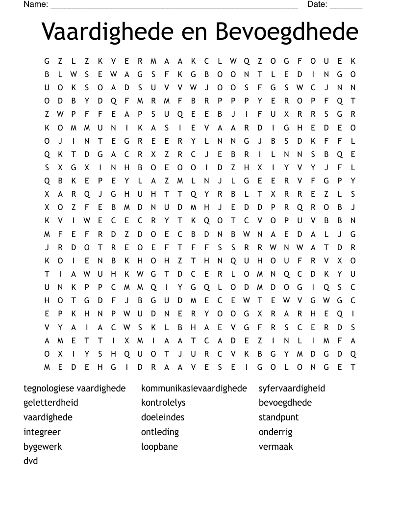 Vaardighede en Bevoegdhede Word Search