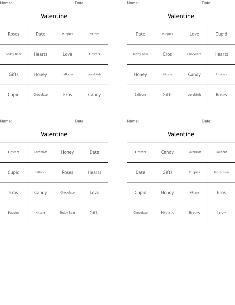 Valentine Bingo Cards