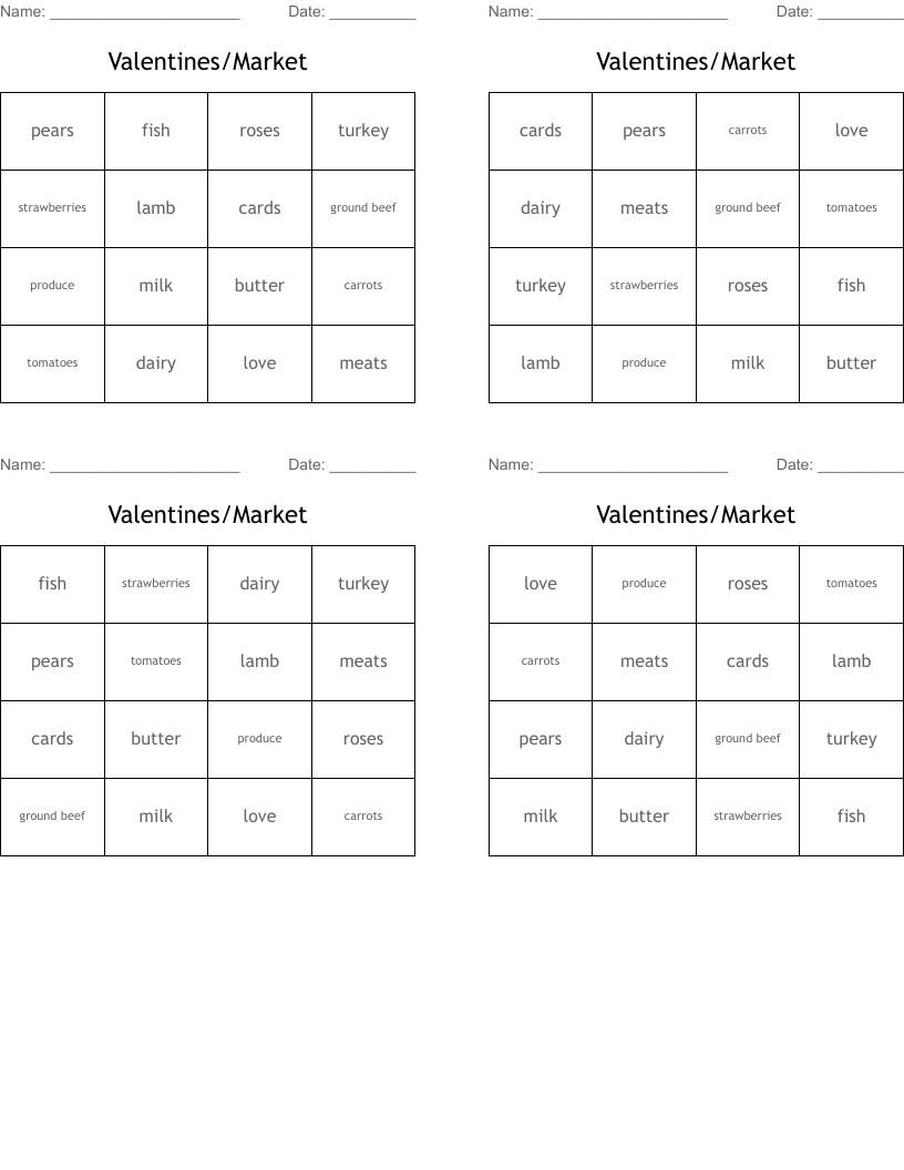 Valentines/Market Bingo Cards