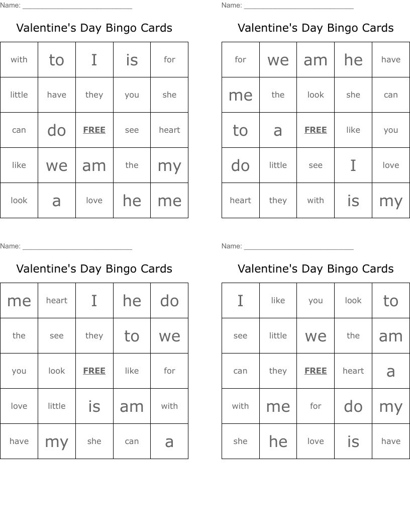 Valentine's Day Bingo Cards