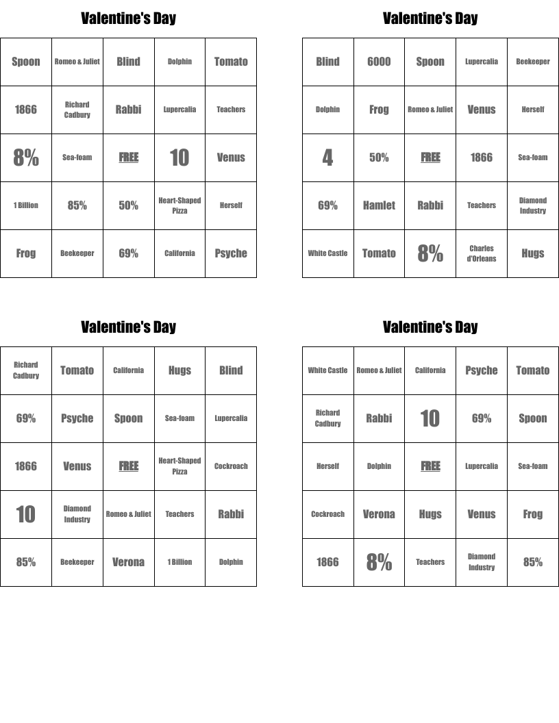 Valentine's Day  Bingo Cards