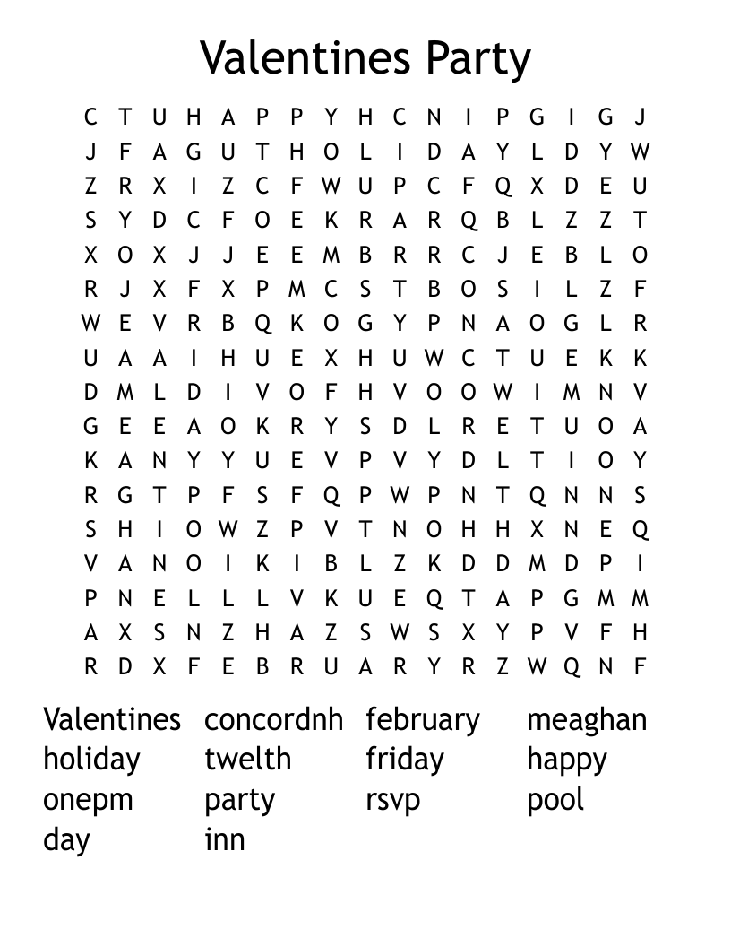 Valentines Party Word Search