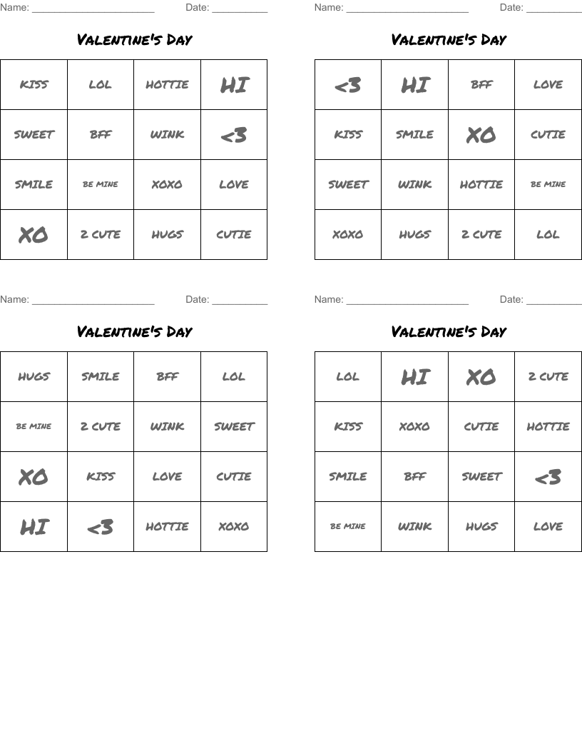 Valentine's  Day Bingo Cards