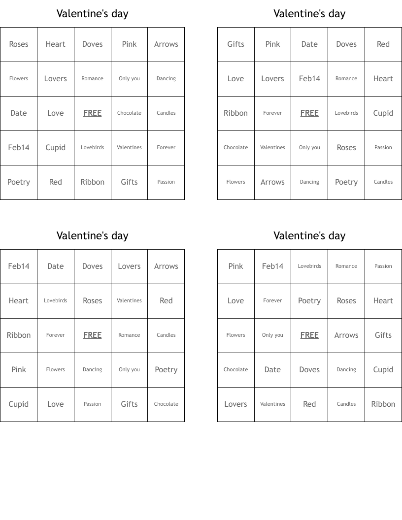 Valentine's day Bingo Cards