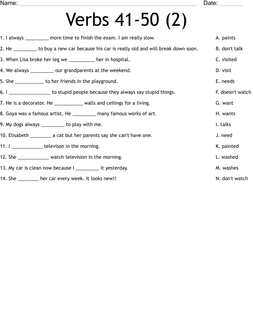 Verbs 41-50 (2) Worksheet