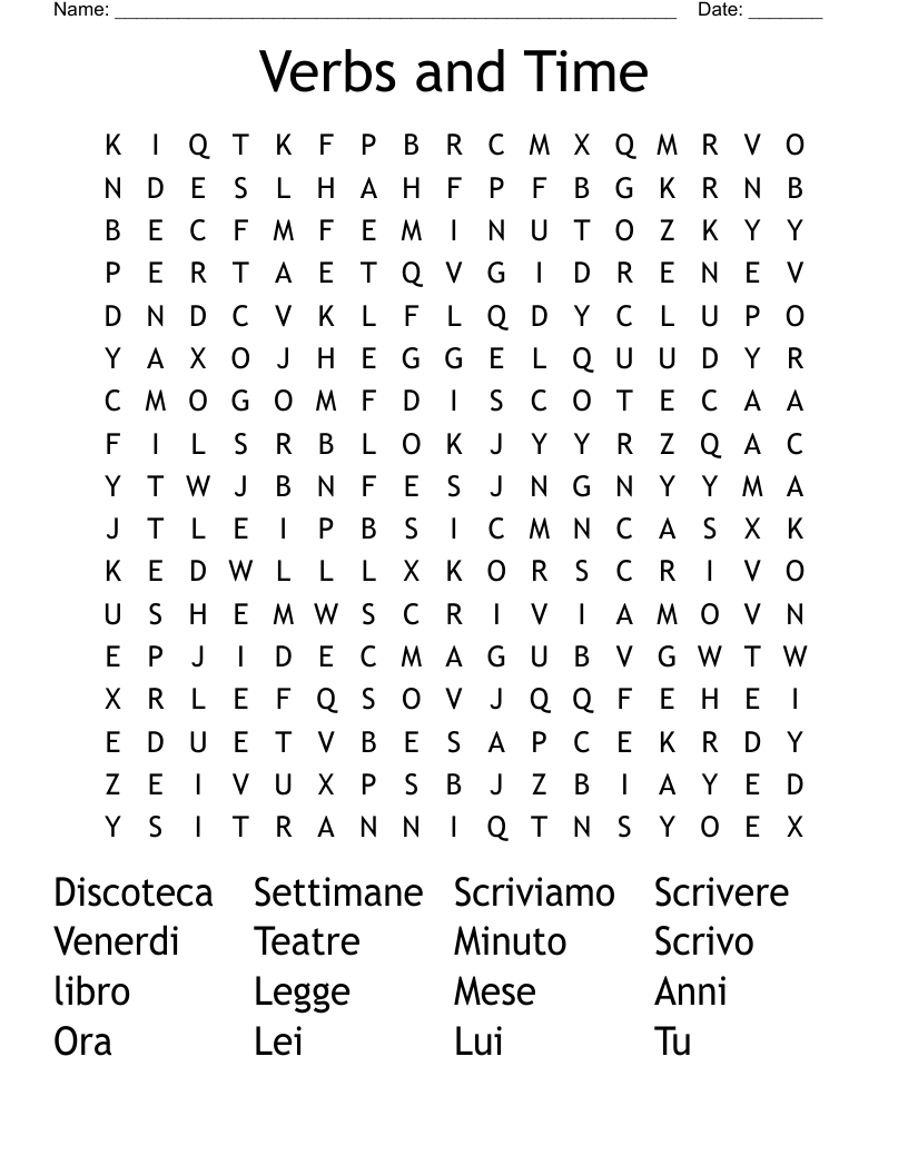 Verbs and Time Word Search