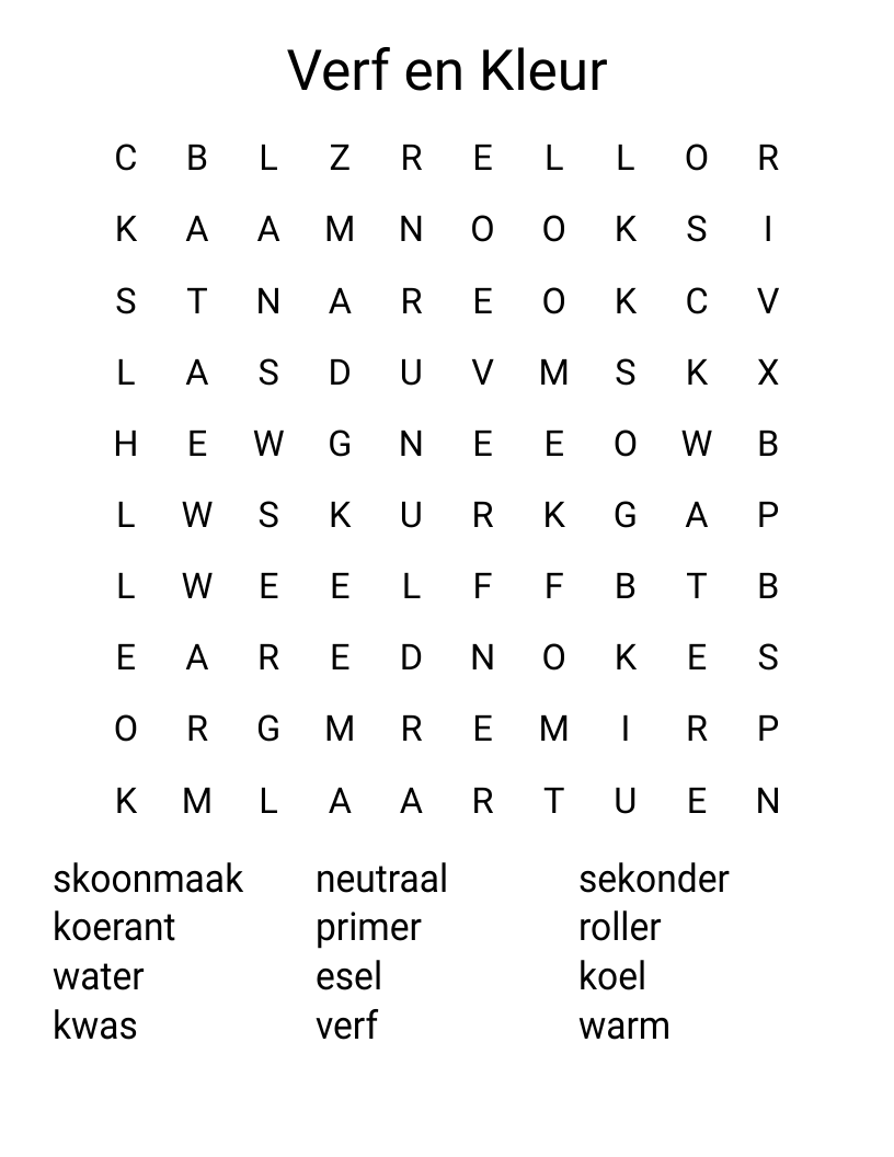 Verf en Kleur Word Search