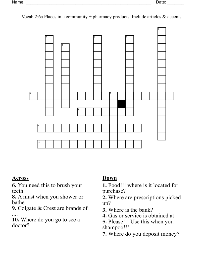 Vocab 2:6a  Places in a community + pharmacy products. Include articles & accents