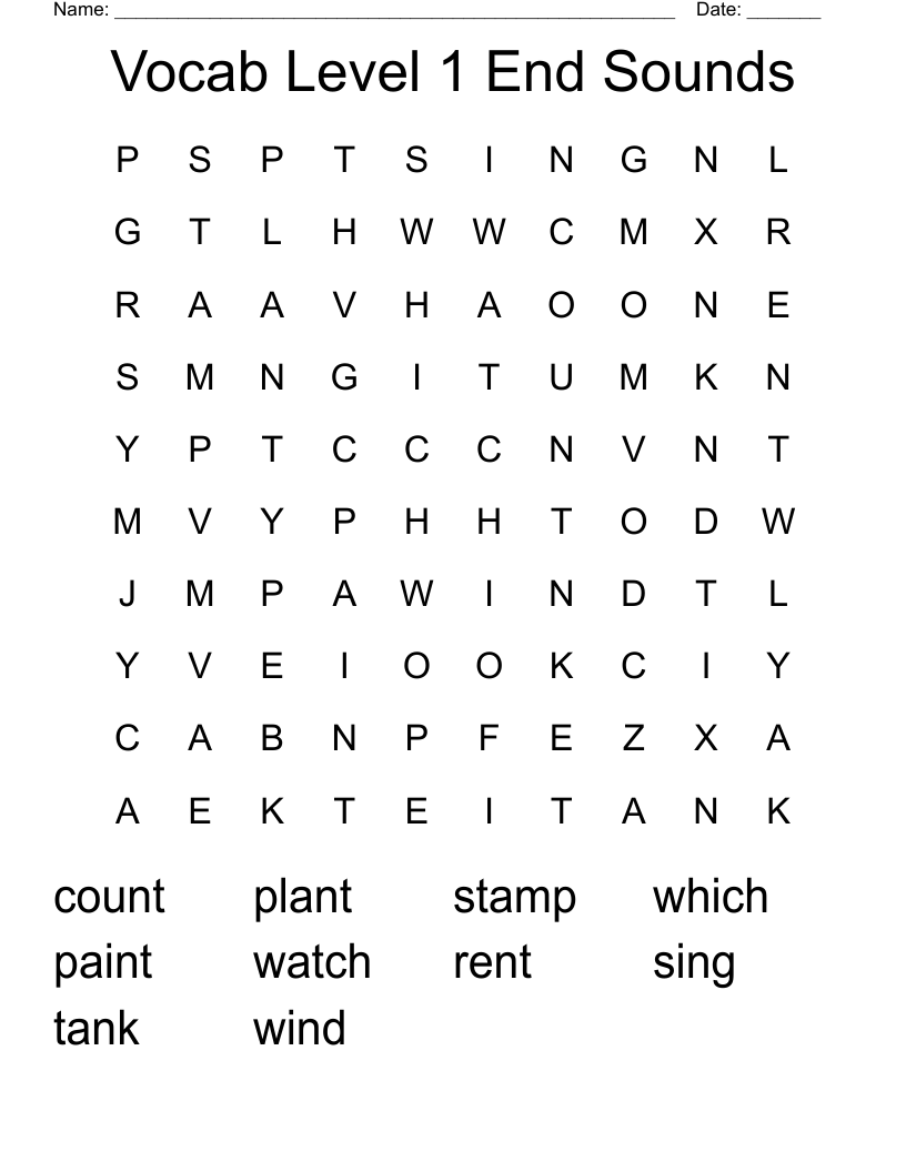 Vocab Level 1 End Sounds Word Search