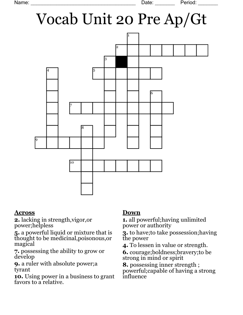 Vocab Unit 20 Pre Ap/Gt Crossword