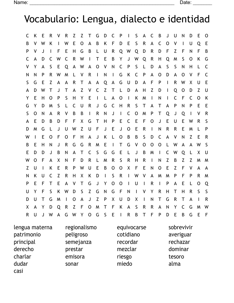 Vocabulario: Lengua, dialecto e identidad Word Search