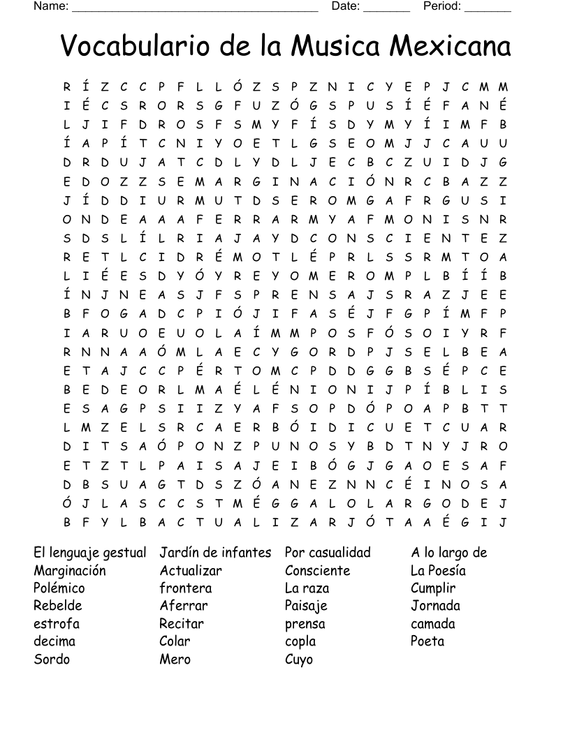 Vocabulario de la Musica Mexicana Word Search