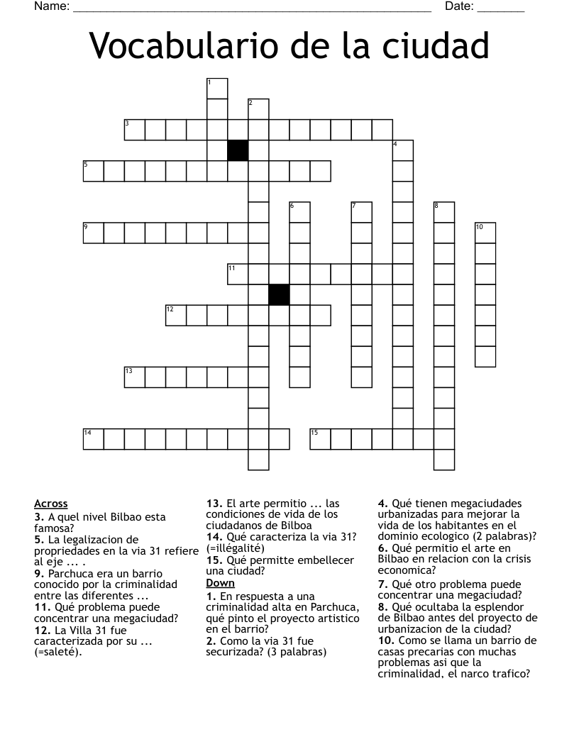 Vocabulario de la ciudad  Crossword