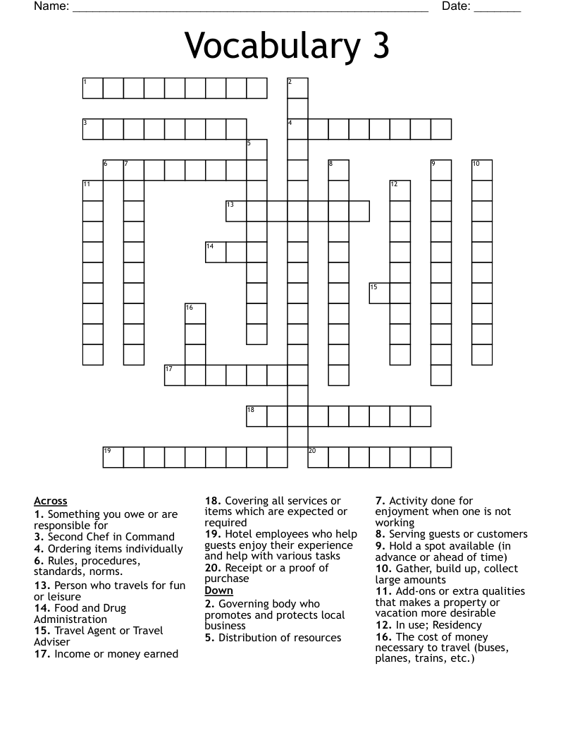 Vocabulary 3 Crossword
