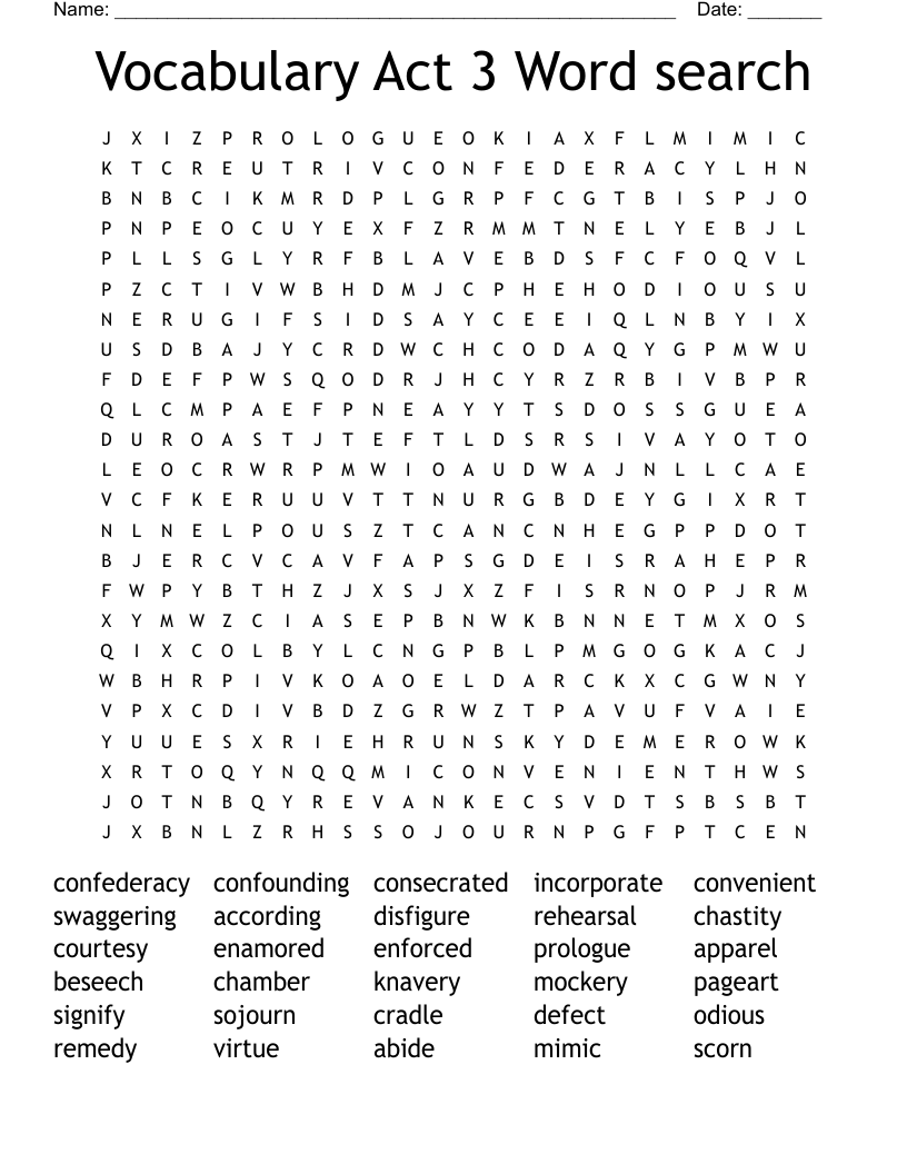 Vocabulary Act 3 Word search