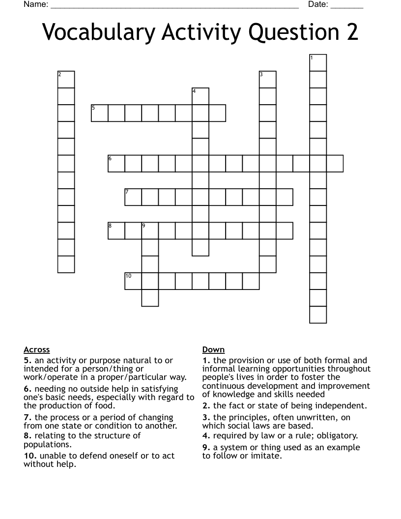 Vocabulary Activity Question 2 Crossword