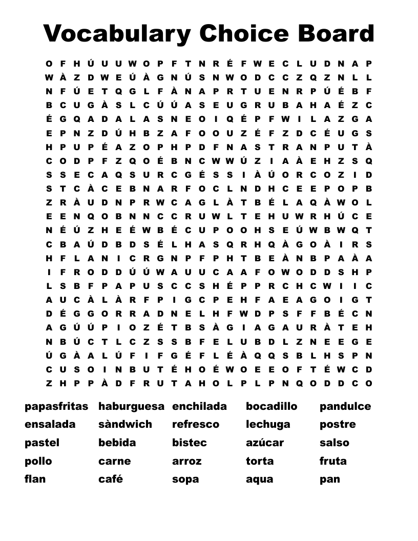 Vocabulary Choice Board Word Search