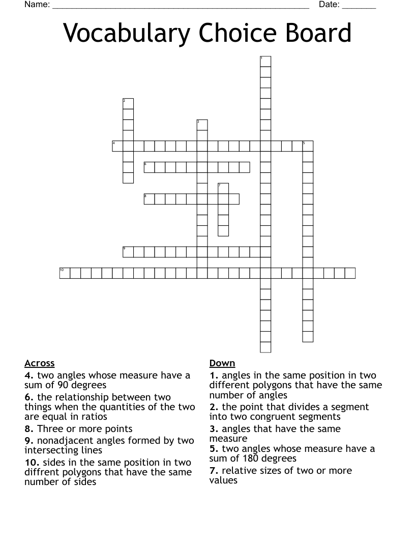 Vocabulary Choice Board Crossword