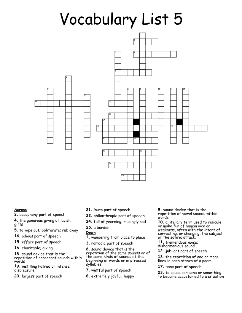 Vocabulary List 5 Crossword