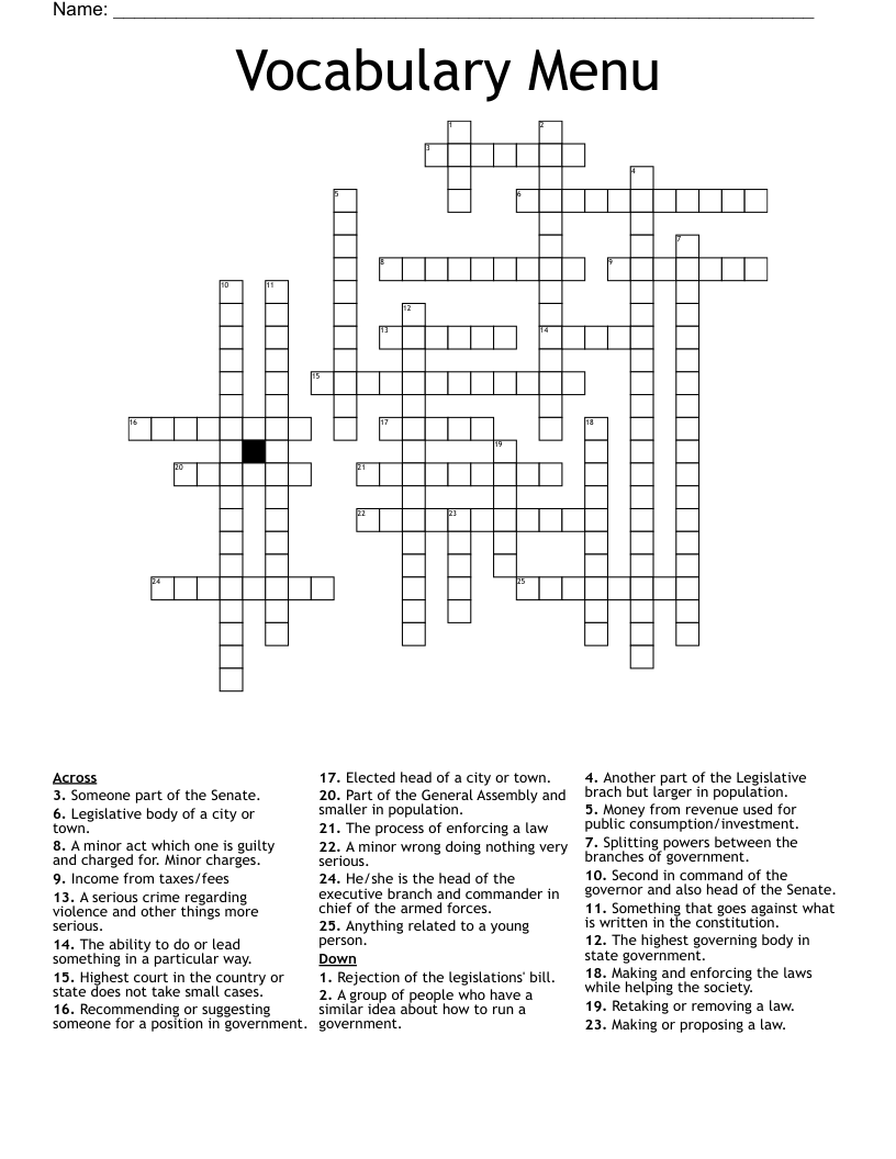 Vocabulary Menu Crossword WordMint