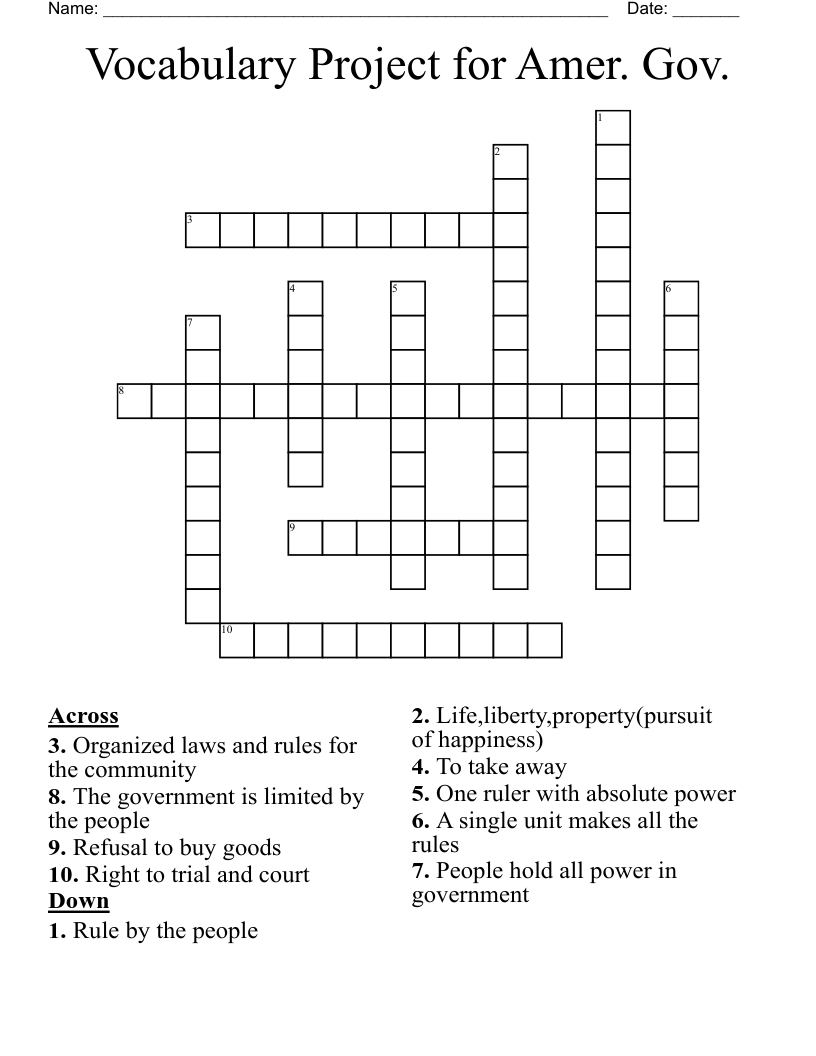 Vocabulary Project for Amer. Gov. Crossword