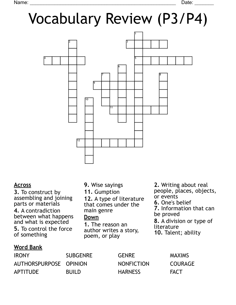 Vocabulary Review (P3/P4) Crossword