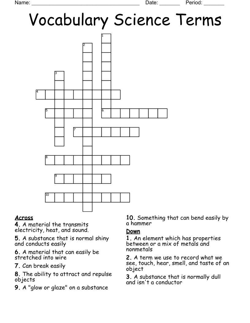 Vocabulary Science Terms Crossword