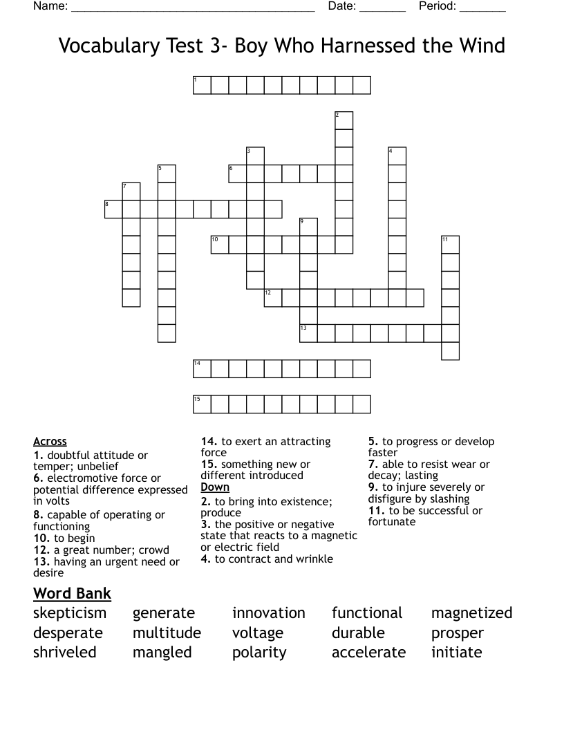 Vocabulary Test 3 Boy Who Harnessed the Wind Crossword WordMint